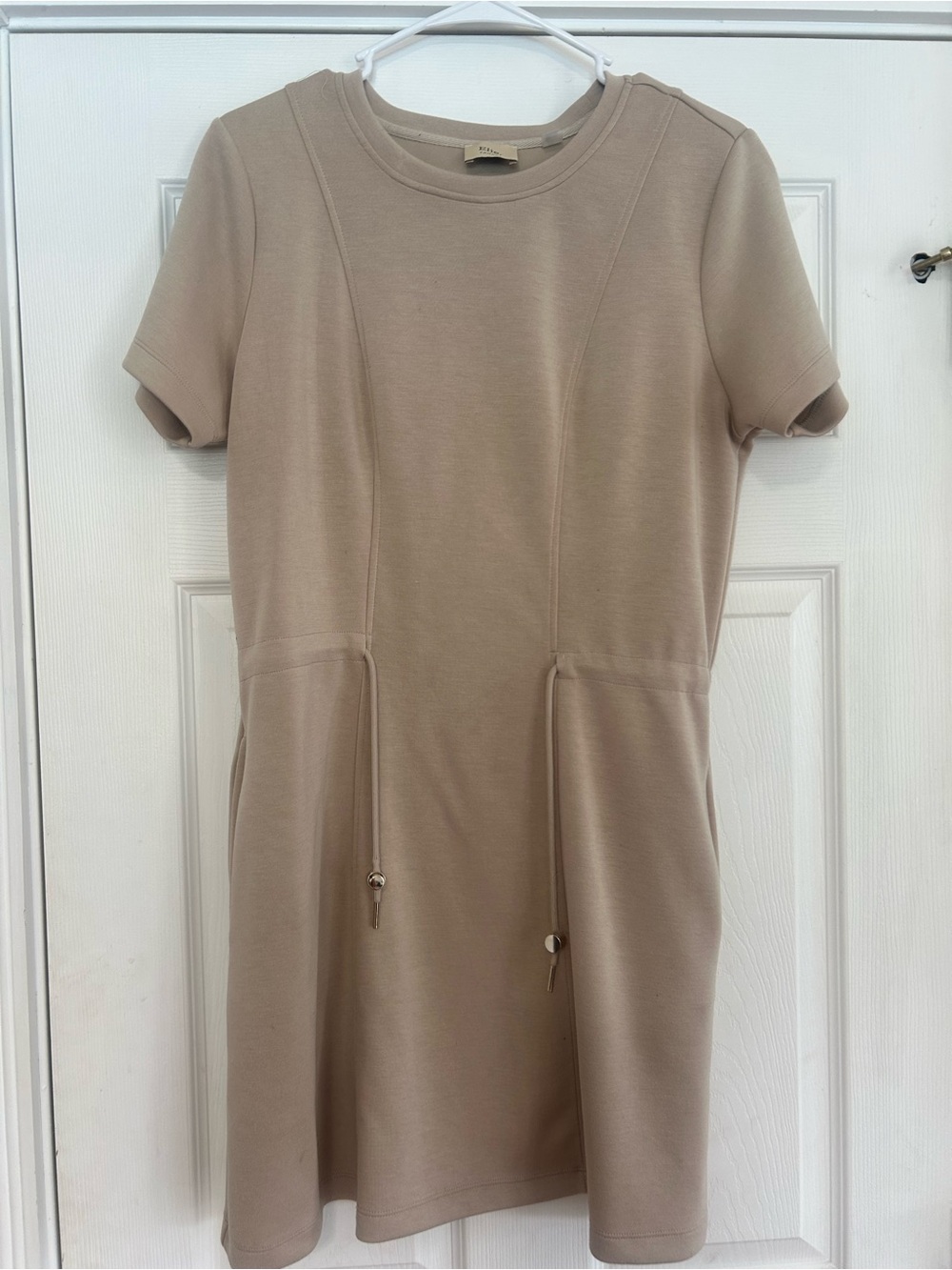 Tahari Beige Short-Sleeve Drawstring Mini Dress